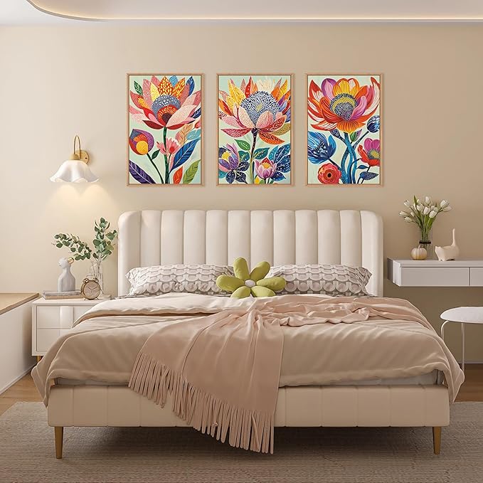 HPINUB Abstract Botanical Floral Framed Canvas Wall Art Set,Colorful Dot Art Modern Flower Wall Decor,Vibrant Blooming Flowers Artwork Eye-Catching Boho Art Print for Living Room,Bedroom-24"x36"x3