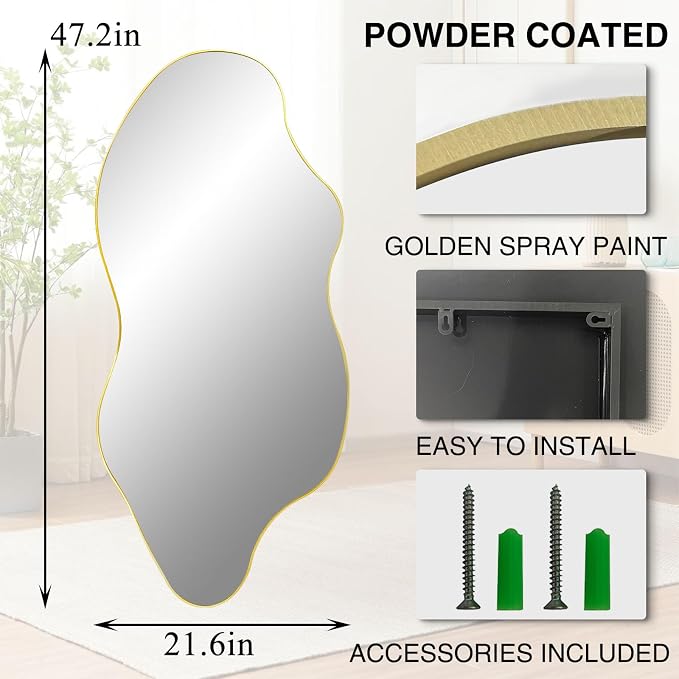 Irregular Frameless Wall Mirror, 47.2"x21.6" Gold Asymmetrical Mirror, Modern Organic Aesthetic Mirror for Living Room Bathroom Bedroom Hallway Entryway, Hangs Vertically or Horizontally