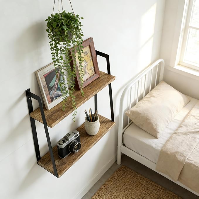 SRIWATANA Floating Wall Shelves, 2-Tier Rustic Wood Shelves for Bedoom, Bathroom, Living Room, Kitchen(Carbonized Black)