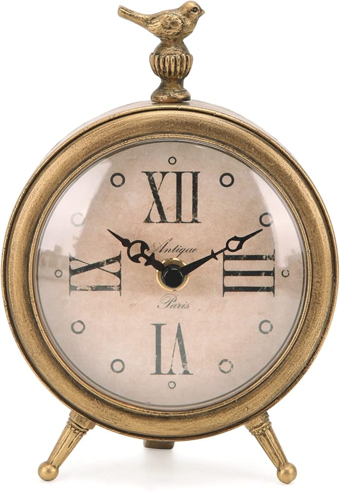 NIKKY HOME Vintage Table Clock with Bird, Decorative Desk Metal Table Clocks Rustic Mantel Clock Non-Ticking, Metal Frame with Antique Gold Finish