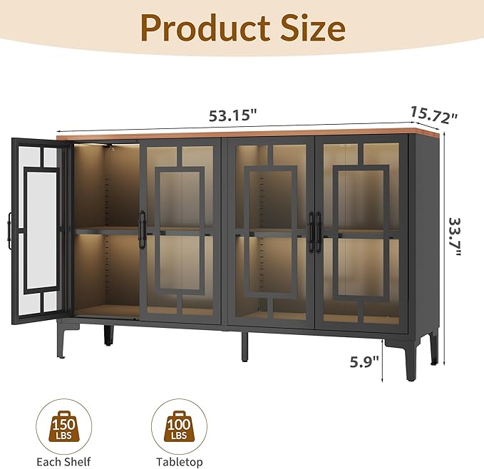 53" Glass Sideboard Buffet Cabinet with COB Lights, Adjustable Shelves, Modern Metal-Wood Buffet Table with Storage, Lighted Coffee Bar Display Cabinet for Dining Room Kitchen, Black