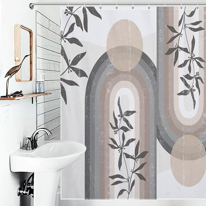 Boho Leaf Mid Century Shower Curtains, Bohemian Plant Mid Century Tropical Abstract Modern Washable Waterproof Fabric for Bathroom Decor Bathtub with 12 Hooks 72x72in (183x183cm)