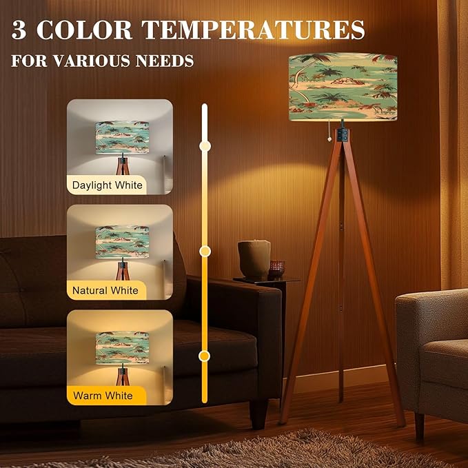 Wood Tripod Floor Lamp Bright summer hawaii seamless island pattern Landscape palm trees Mid Century Standing Lamp Linen Shade Dimmable Modern Tall lamp Home Decor for Living Room Bedroom Office