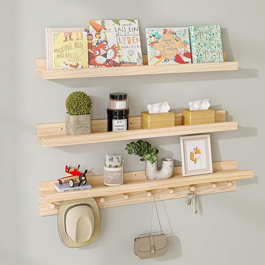MBYD Natural Wood Shelf with Hooks, Floating Shelves for Wall Bathroom Shelves, Wall Mounted Nursery Bookshelf for Kids Room, Toy Storage Shelf for Bedroom Picture Ledge Shelves (Natural, 36 Inch)