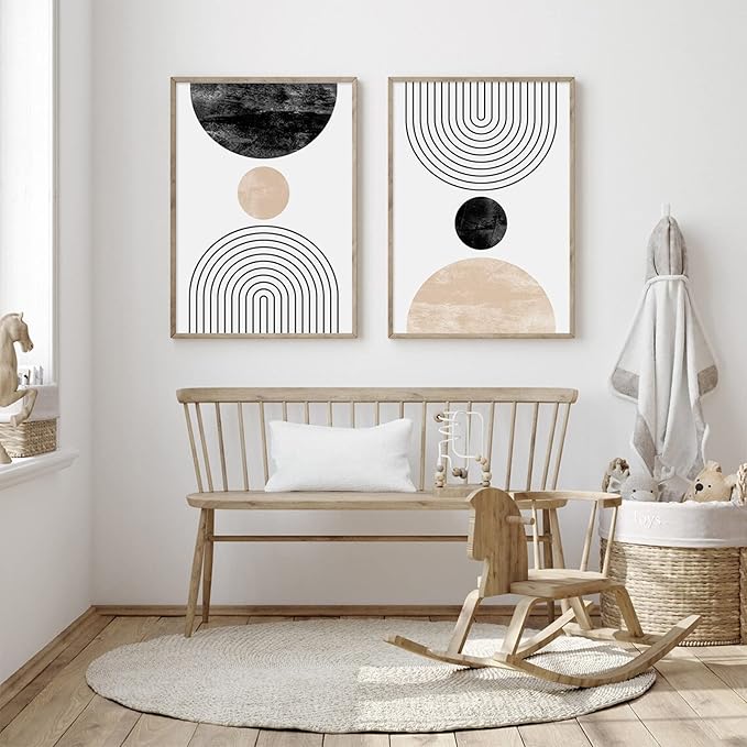Mid Century Modern Wall Art Prints Set of 2, Neutral Abstract Geometric Wall Art Boho Canvas Prints Mid Century Eoind Wall Decor Modern Abstract Pictures Artwork for Home Room 16x24 Inch Unframed