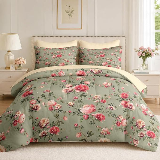 Nesker 7 Pcs Comforter Set King Size, Vintage Floral Beige Bedding Set for Kids and Adults, Rose Flower Pink Bed Sheet Sets with Fitted Sheet 2 Pillowcases & 2 Shams