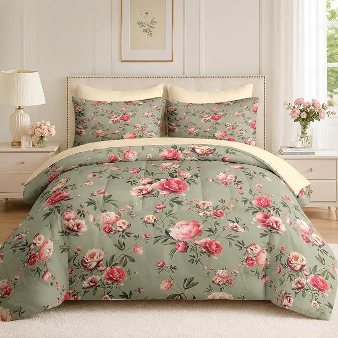 Nesker 5 Pcs Comforter Set Twin Size, Vintage Floral Beige Bedding Set for Kids and Adults, Rose Flower Pink Bed Sheet Sets with Fitted Sheet Pillowcases & Shams