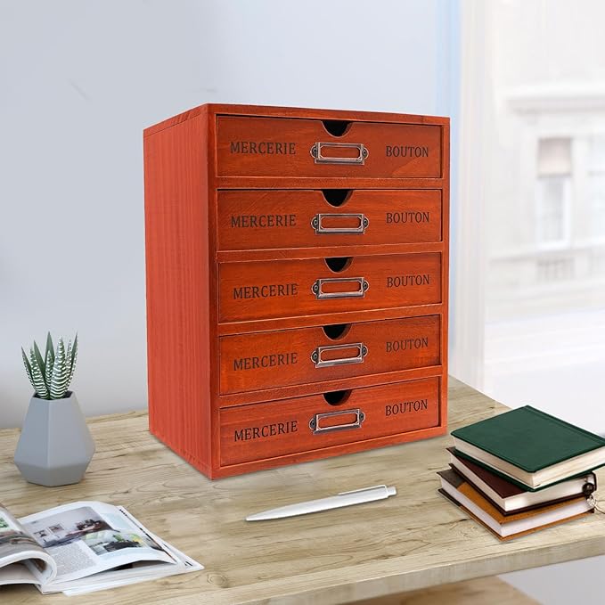 Vintage Wooden Drawers Organizer, 16-Drawer Desktop Storage Box With Drawers, Iron Label Holders, Apothecary Cabinet For Countertop Tea Coffee Pod Storage(5-Drawer/Brown)