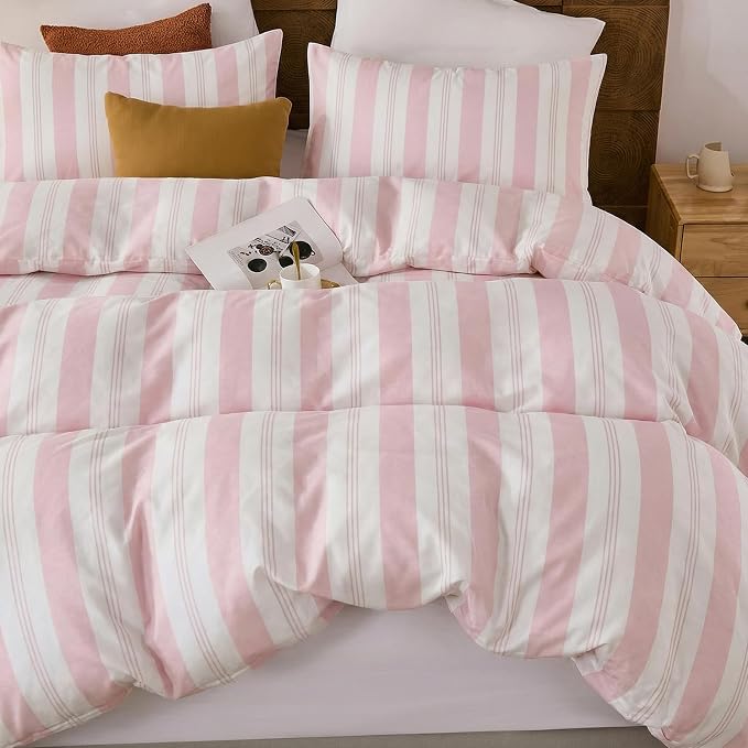 Merryword Pink Striped Duvet Cover Set Queen Size, 100% Cotton Bedding Set with Zipper Closure & 8 Corner Ties, Awning Stripe Bedding, Soft Breathable Comforter Cover for All Seasons
