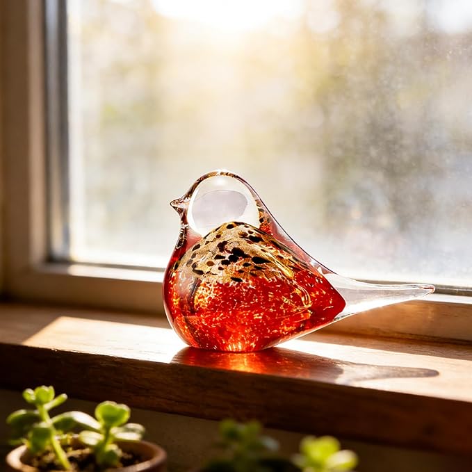 Blown Glass Birds - Glass Art Bird Decor, Hand Blown Glass Animal Figurines Paperweight for Home Shelf Decor