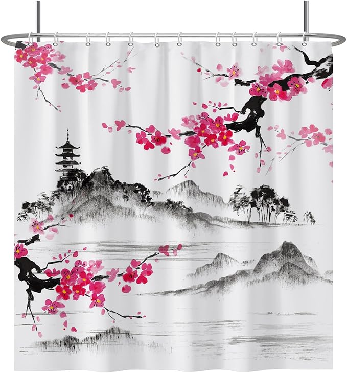 Baocicco Plum Blossom Shower Curtain Pink Cherry Blossom Floral Misty Mountains Shower Curtains Decorative for Bathroom Waterproof Fabric Shower Curtain with Hooks 72x72 Inches
