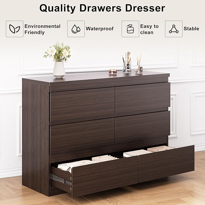 Modern 6 Drawer Dresser - Simply Chest of Drawers for Bedroom, Closet, Living Room, Hallway, Entryway, Wood Storage Double Dresser with Smooth Metal Rails - Retro Brown