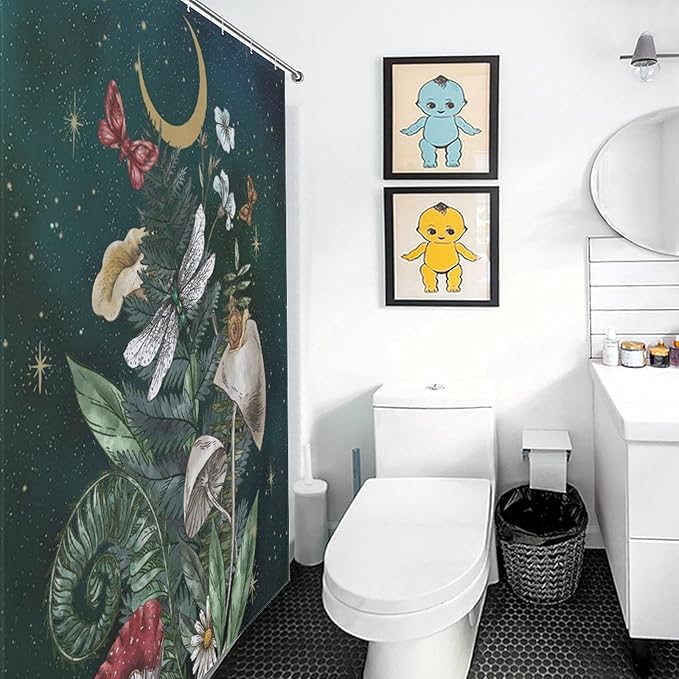 Mushroom Shower Curtain for Bathroom, Fairy Botanical Mushroom Cottagecore Gothic Moth Moon Star Nature Plants Herbs Retro Vintage VWaterproof Fabric Shower Curtain Set with Hooks, 72"x78" Inch