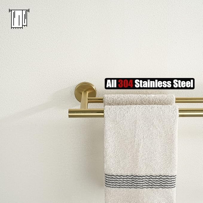JQK Double Towel Bar 27 Inch, Brass Gold Useable Length 24 Inch 304 Stainless Steel Thicken 0.8mm Bath Towel Rack for Bathroom, Towel Holder Wall Mount 2 Pack, TB100L24-BG-P2
