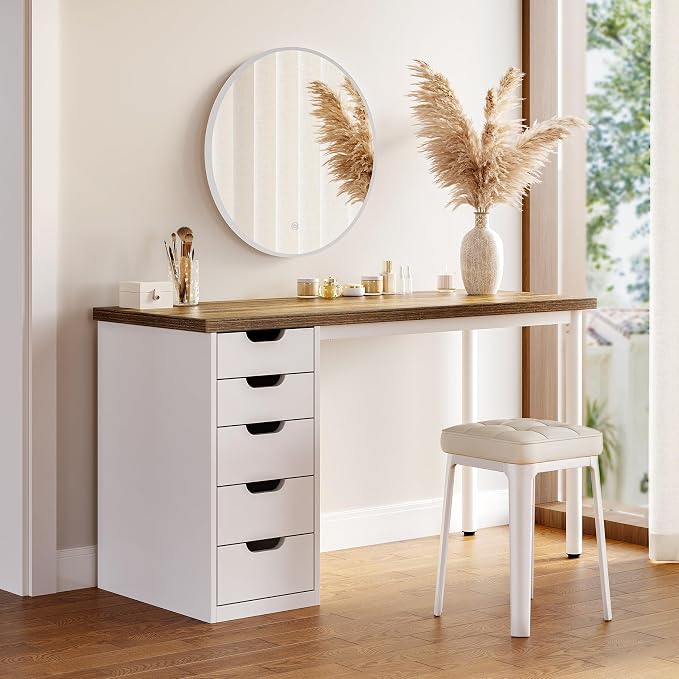 LITTLE TREE Computer Desk with 5 Drawers, 47 Inch Modern Simple Study Writing Desk with Metal Frame, Work Desk for Home Office, Rustic Brown and White