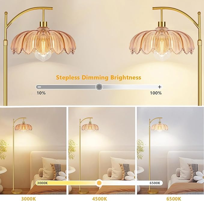 Gold Floor Lamp for Living Room,Bedroom,Mid Century Modern Standing Lamp with Remote,Dimmable Brass Tall Lamp Amber Glass Vintage Retro Arc Floor Lamps Flower Floor Light Boho Bohemian