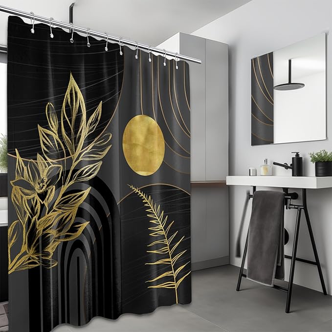 Black and Gold Shower Curtain Boho Mid Century Black and Dark Grey and Gold Shower Curtains for Bathroom Decor, Waterproof Cloth Fabric with Hooks, 60" W x 72" L