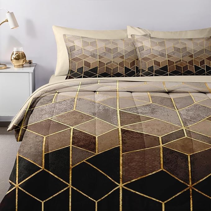 Nesker Comforter Set King Size, Black Golden Gradient Cubic 7 Pcs Bedding for Kids and Adults, Brown Modern Geometric Bed Sheet Sets with Fitted Sheet 2 Pillowcases & 2 Shams