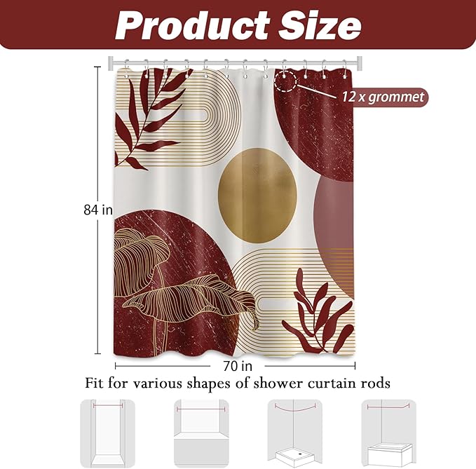 Red and Gold Shower Curtain Burgundy Dark Red and White Shower Curtains for Bathroom Decor Abstract MCM Bath Curtain Set, Waterproof Fabric with Hooks 70 x 84 Inch