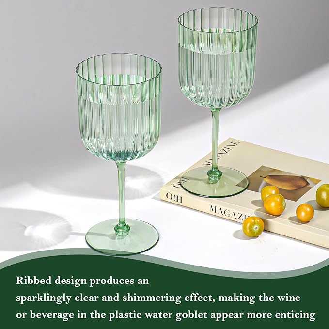 48 PCS Plastic Ribbed Wine Glasses 11oz Green Detachable Wine Goblet Unbreakable Vintage Ripple Water Goblets Cocktail Drinking Cups for Parties Weddings Poolside Outdoors
