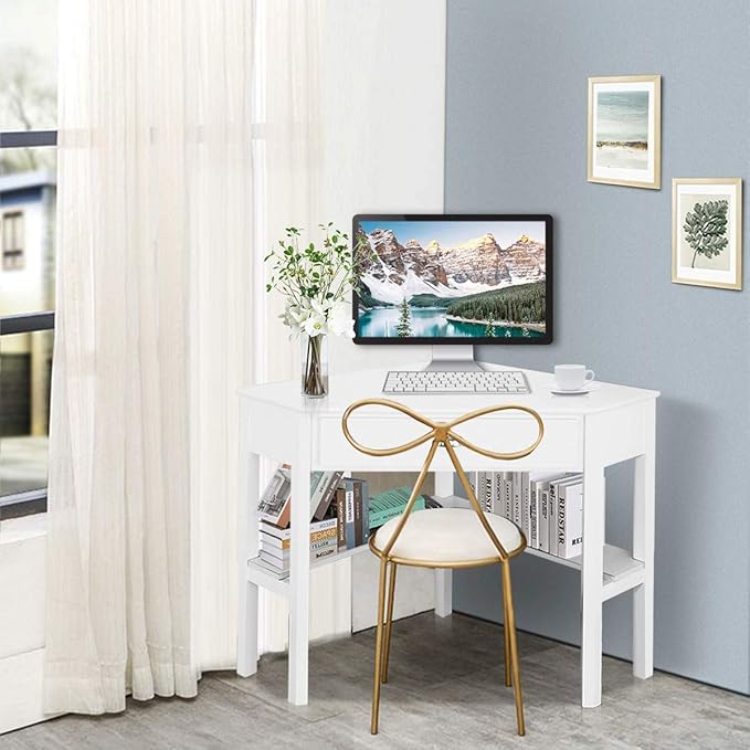 Nightcore Corner Desk for Small Space, Wood Corner Computer Desk, Compact Writing Table w/Drawer & Storage Shelves, Space Saving Study Workstation, Laptop PC Corner Table for Home Office