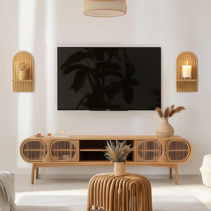 Boho Wall Decor Set of Two - Natural Modern Minimalist Mid Century MCM Wall Candle Holder for Living Room - Wood Bohemian Decor for Bathroom Nursery Bedroom