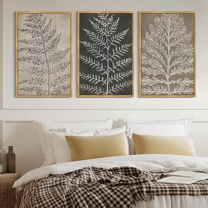 KUVIOKE Vintage Botanical Framed Wall Art Bohemian Black Tan Plant Leaf Wall Decor Nature Fern Plant Silhouette Wall Painting for Living Room Bedroom 24x36in (Natural Framed)