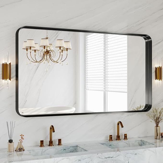 Black Metal Vanity Rounded Rectangle Bathroom Mirrors for Over Sink Wall, 55x30 Inch Large Matte Mirror, Anti-Rust, Modern Decorative for Restroom, Farmhouse
