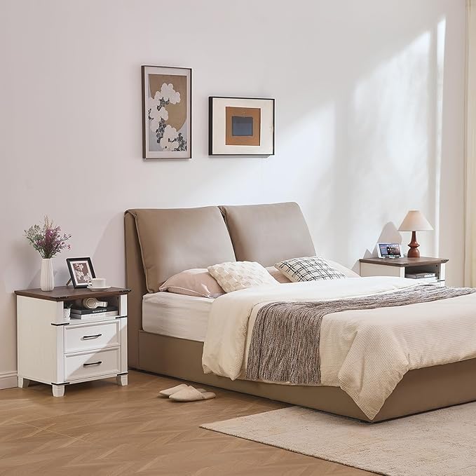 22" Nightstand, Farmhouse Nightstand with 2 Drawers,Industrial Bedside Table with Open Shelf for Bedroom Living Room,Office Bed Side Tables Couch End Table,White