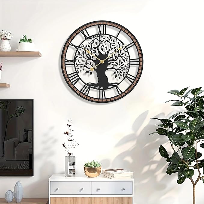 Micasso Wall Clocks Battery Operated: 18Inch Farmhouse Tree of Life Metal with Wood Frame - Rustic Roman Numerals Clock for Office/Living Room/Bedroom/Kitchen - Home Decor for Teen