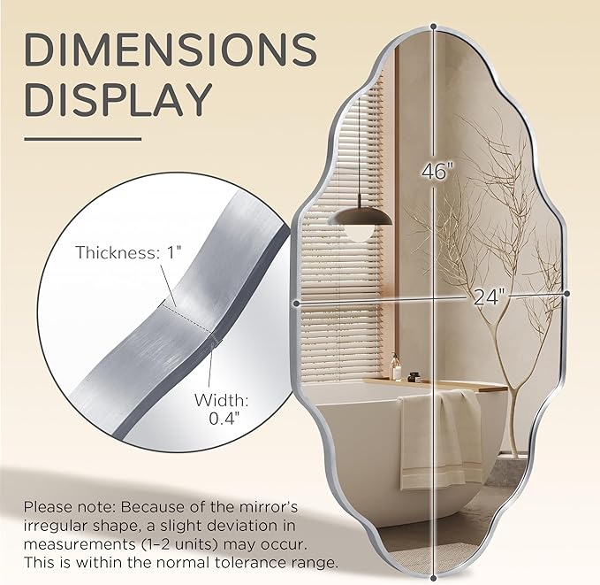 Silver Scalloped Bathroom Mirror, Irregular Wall Mirror with Brushed Metal Frame, HD Glass Decorative Mirror for Wall Decor, Vanity Mirror for Bathroom, Bedroom & Entryway (26" x 46", 1 Pack)