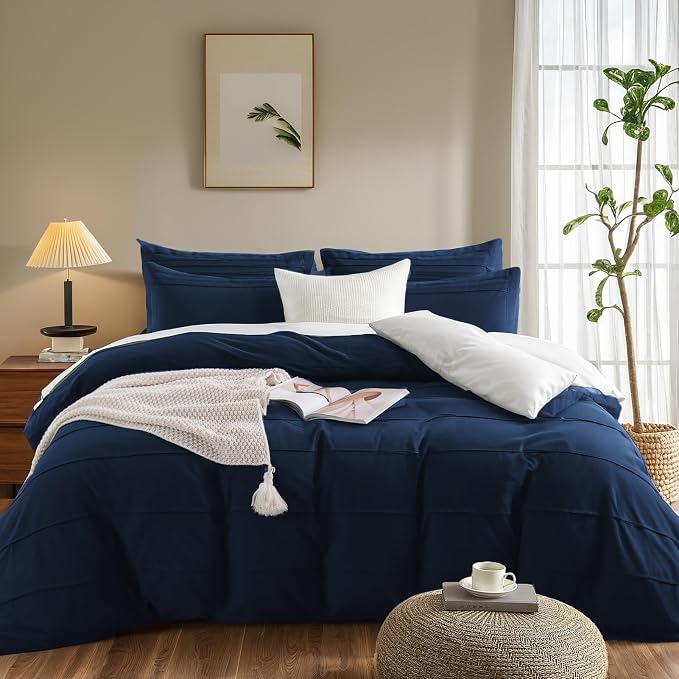 NEXHOME PRO 100% Organic Cotton Duvet Cover Full Size, Linen Like Pleated Textured Navy Duvet Cover Set, 3pc Bedding Set with Zipper Closure, Soft, Lightweight and Breathable (80"x90", No Comforter)