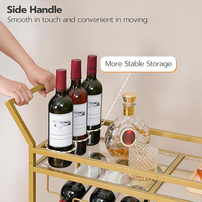 HOOBRO Bar Cart for The Home, Gold Bar Cart, 2-Tier Home Bar Serving Cart with Wine Rack and Glass Holder, Bar Carts with for Bar, Kitchen, Dining Room, Living Room, Gold GD11TC01