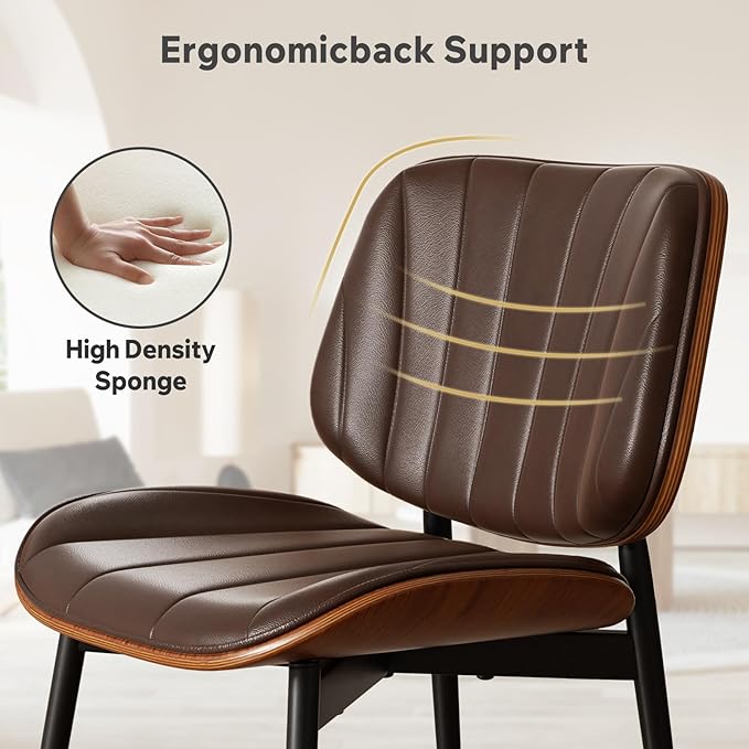 Dining Chairs Set of 6, Mid Century Modern Dining Room Chairs, Upholstered Faux Leather Kitchen Chairs with Walnut Bentwood Back and Metal Legs
