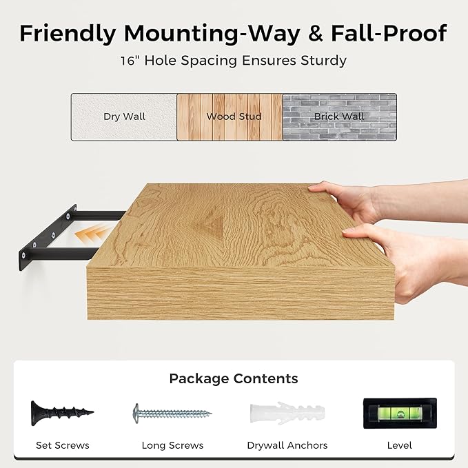 12 Inch Deep Floating Shelves, 24 x 12 Floating Shelf for Books, Rustic Wood Deep Wall Shelves for Home Storage & Display, 2" Thicked Shelves for Kitchen, Living Room, Bedroom, Oak Color, 1 Pack
