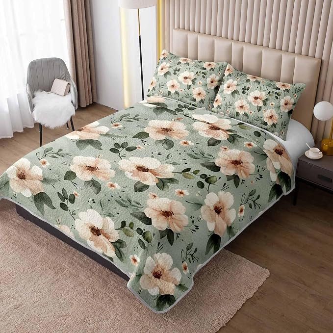 AILONEN Full Quilted Comforter Set 3 Piece Cream Flower Bedspread Coverlet 2 Pillowcases Soft Farmhouse Bedding Teens Guest Apartment Aesthetic Boutique Spring Bloom Leafy