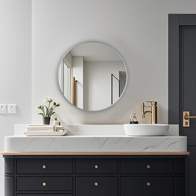Round Mirror, Wall Mounted Circle Mirror with Brushed Metal Frame, Circular Mirrors for for Bathroom, Living Room, Vanity, Bedroom, Entryway, 20inch, Silver