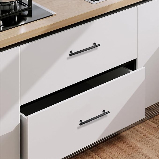 -5 Inch Matt Black Kitchen Cabinet Handles, 5 Pack Solid Brass Drawer Dresser Pulls, Modern Cabinet Hardwares for Bathroom Bedroom Cupboard Wardrobe Closet