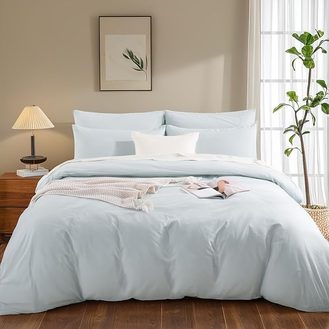 NEXHOME PRO Duvet Cover Set 100% Washed Cotton Full Size Linen Feel Textured Organic Natural 3 Pieces Bedding Set with Zipper Closure and Corner Ties, Breathable (Baby Blue, No Comforter)