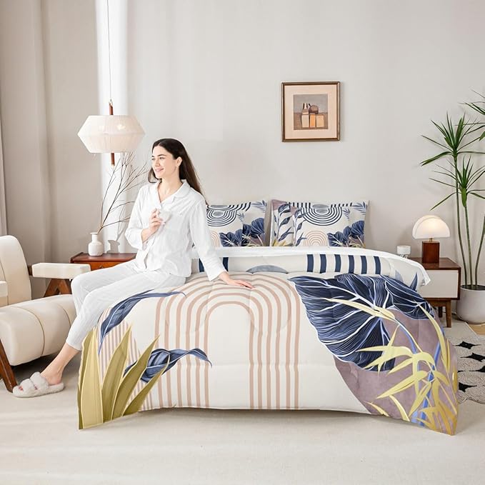 Erosebridal Retro Mid Century King Comforter Set with Sheets 7 Piece Pink Blue Palm Leaf Bed in A Bag Vintage Bohemian Plant Leaves Bedding Sets for Teens Teenager Modern Stripes Aesthetic Bed Set