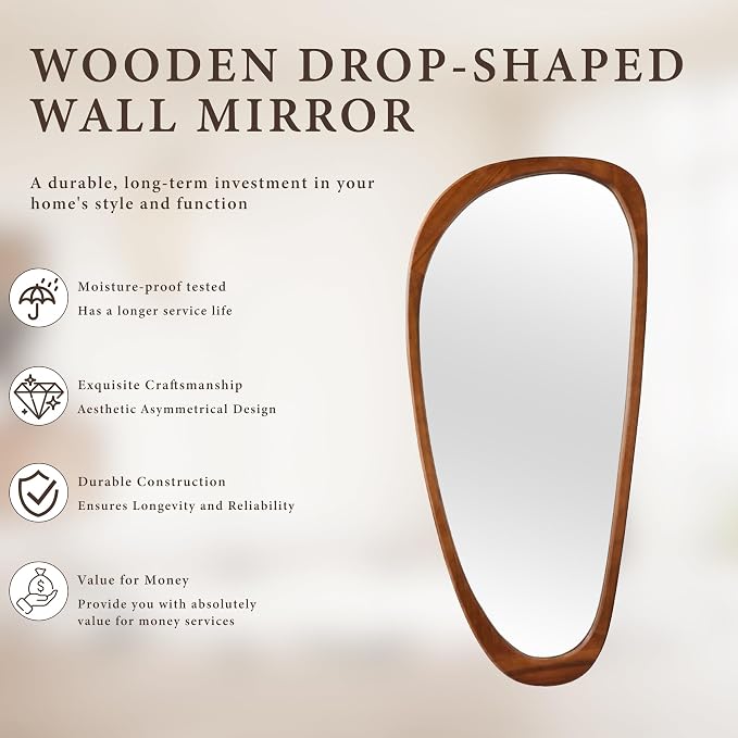 22‘’x48'' Asymmetrical Rustic Wall Mirror for Bathroom Wood Frame, Irregular Classic Mirror Farmhouse Vanity Wall Mirror, Mid Century Modern Mirror Decor Living Room, Bedroom, Entryway