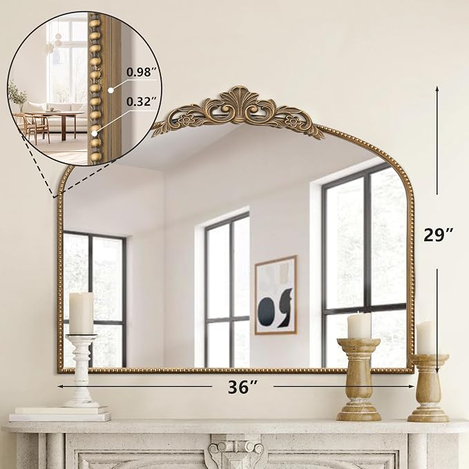 Micasso Vintage Gold Arched Mirror: 36"x29" French Baroque Antique Wall Mounted Mirror - Traditional Ornate Decorative for Wall/Fireplace/Entryway/Bathroom/Hallway - Home Decor for Living Room