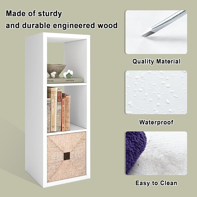 CTESNE【2026 Wooden Thick Frame 3 Cube Storage Organizer Shelf with Anti-Tipping Kits + Reversible Open Back Bookcase, Horizontal and Vertical Dual-use（White,11inch）