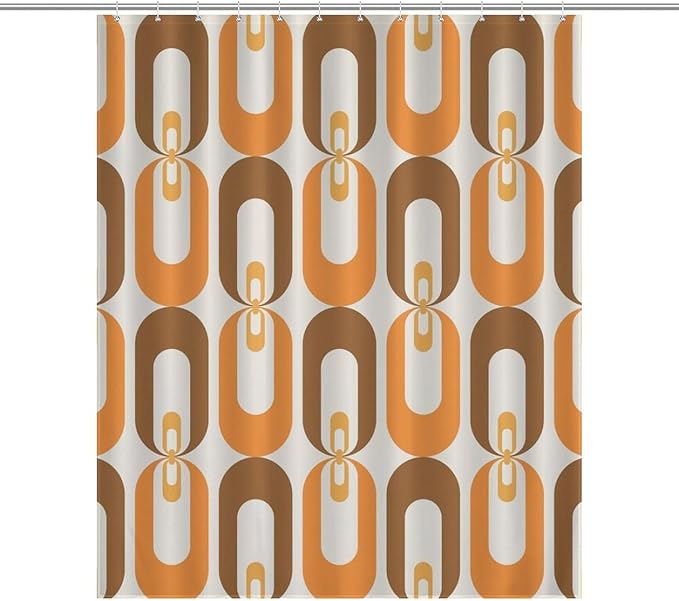 Mid Century 70s Pattern Shower Curtains Vintage Geometric Orange Thermal Insulated Washable Waterproof Fabric for Bathroom Decor Bathtub with 12 Hooks 55x72in（140x183cm）