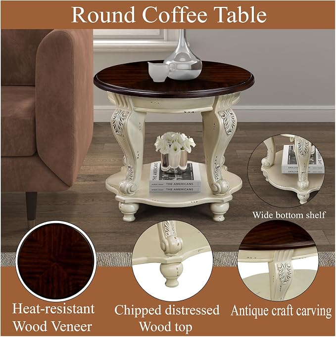22'' Round End Table Solid Wood Sofa Side Table with Storage Shelf, Living Room Corner Table Retro Accent Table with Cherry Tabletop, Easy Assemble Round Bedside Table Night Stand for Small Space