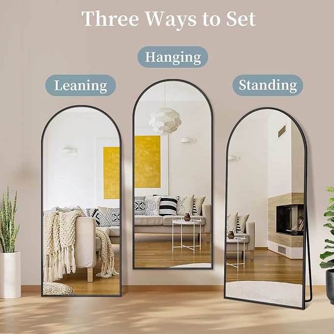 Full Length Mirror with Stand, 58"x19" Arched Full Body Mirror, Large Stand Up Aluminum Frame Floor Freestanding Hanging Leaning Mounted for Bedroom Living Room Entryway Black