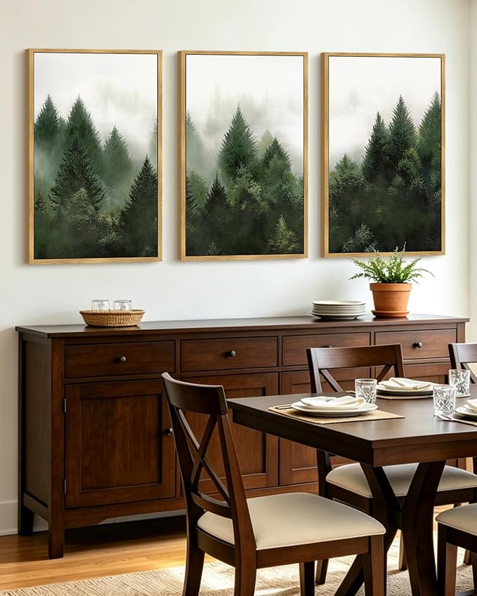 KUVIOKE Morden Green Fog Pine Tree Framed Canvas Wall Art Nature Nordic Forests Artwork Painting Bedroom Decor 24x36in (Natural Framed)