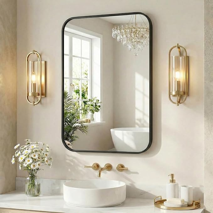 Sweetcrispy Bathroom Mirror for Over Sink, 26x38 Inch Wall Mount Mirror with a Rounded Rectangle and Matte Metal Frame, Modern Wall Vanity Mirrors for Home Decor, Living Room, Bedroom, Black