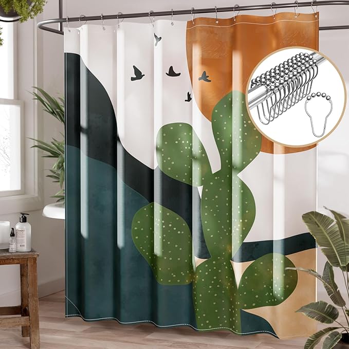 AmazerBath Boho Shower Curtain, 72x72 Washable Cloth Sage Cactus Shower Curtains for Bathroom, Fabric Rustic Neutral Shower Curtain Set with Hooks, Abstratic Modern Camper RV Dorm Stall Shower Curtain