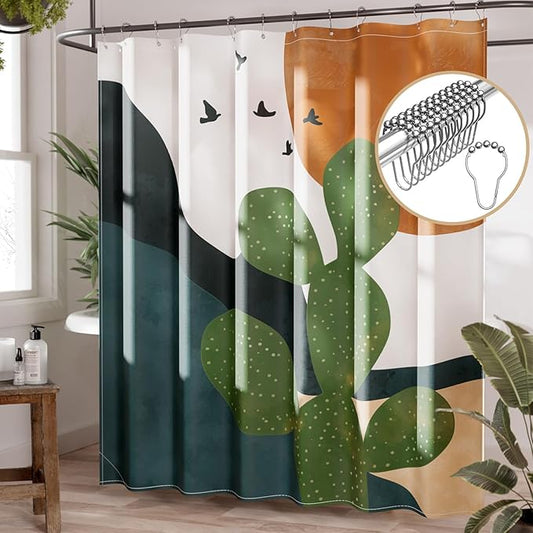 AmazerBath Boho Shower Curtain, 72x72 Washable Cloth Sage Cactus Shower Curtains for Bathroom, Fabric Rustic Neutral Shower Curtain Set with Hooks, Abstratic Modern Camper RV Dorm Stall Shower Curtain